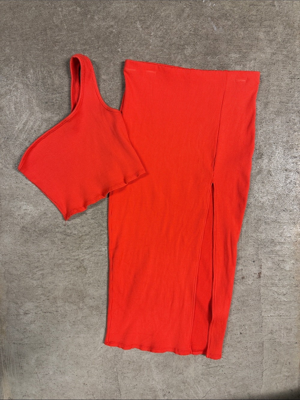 Lulus Coral Ribbed Two-Piece Set - Asymmetrical Crop Top & High Slit Midi Skirt